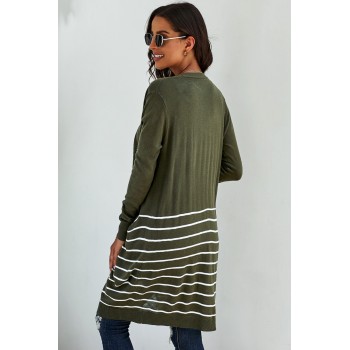 Green Open Front Long Sleeve Striped Cardigan Black Brown